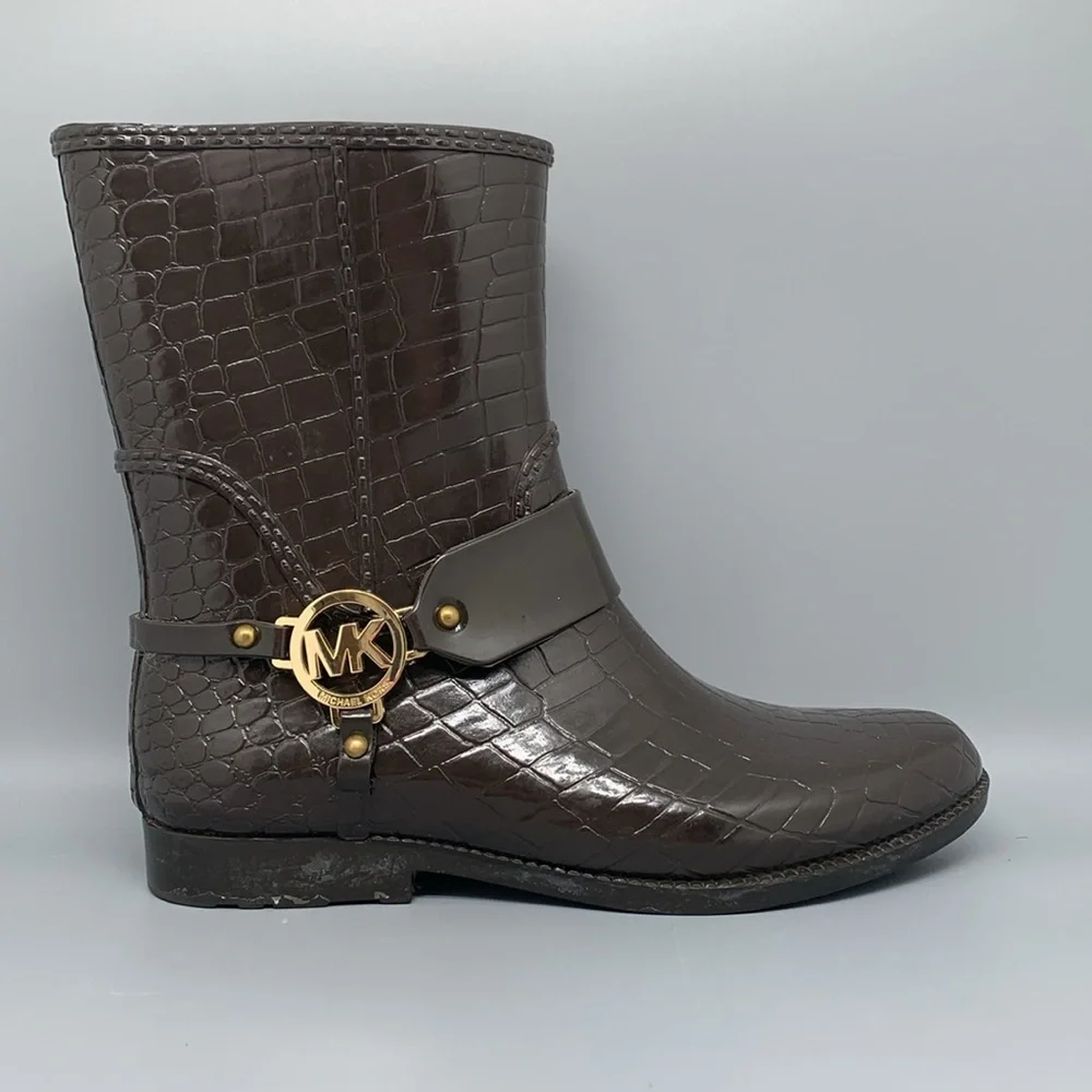 Michael Kors Fulton‎ Brown Embossed Croc Print Rubber Rain Boots Women's Sz 10